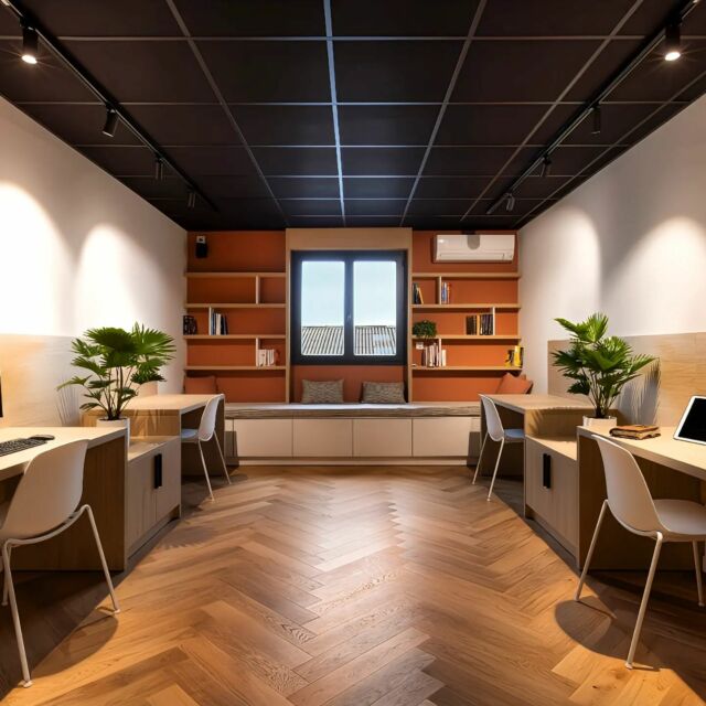Passons à la partie bureaux de la start-up ! En contraste avec le coin détente "comme à la maison", découvrez des espaces de travail sobres et élégants. Nous avons opté pour deux ambiances pour ce projet afin d'accompagner chaque moment de la journée.Et bien sûr, le choix audacieux du plafond noir reste présent dans chaque pièce. 💼✨@neo_design_despace@arth_creative--Aménagement bureaux d'une start-up à Castrie